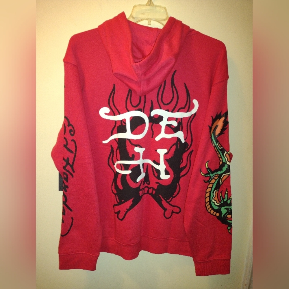 Ed Hardy Skull Flame Cobra Hoodie Sweatshirt RED Graphic Y2K Men's XXL NWT - Picture 3 of 5